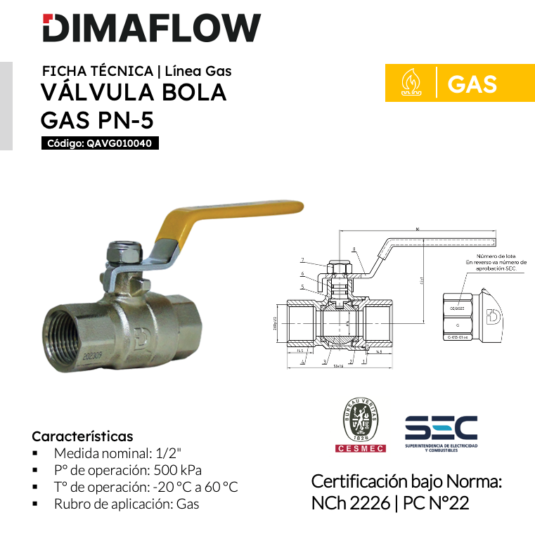 Válvula Bola Gas PN-5 Dimaflow 1/2"